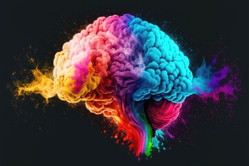 Generative AI illustration of head rainbow brain colorful explosion in colored smoke, change the chip	