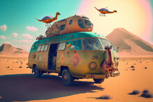 Volkswagen T1 Bulli - Psychedelic Vanlife With A Surreal Hippie Camper Van In The Desert. Created With Generative AI Technology.