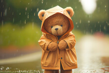 Small Brown Teddy Bear Standing In The Rain, Concept Feelings Of Nostalgia And Longing, Generative AI