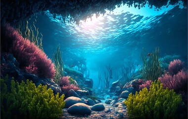 Fototapete - Colorful sea background with blue clear water bright sun flare, boulders, algae and corals in a watercolor style. AI generated.