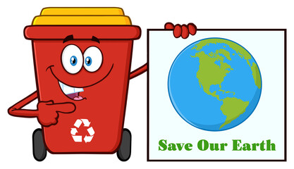 Wall Mural - Cute Red Recycle Bin Cartoon Mascot Character Holding A Save Our Earth Sign. Hand Drawn Illustration Isolated On Transparent Background