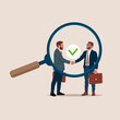 Two businessmen shake hands and agree to do business. Business transparency. Flat vector illustration.
