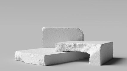 Aufkleber - White pieces of Stone wall with broken textured edges, debris stone slabs for product display background. 3d  rendering.
