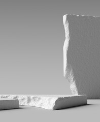Fototapete - White rock slabs product display mockup, marble stone podium showcase, cosmetic object placement, 3d rendering