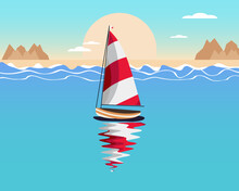 Seascape, Red And White Sailboat, Yacht Against The Backdrop Of The Sea And Mountains. Summer Illustration, Vector