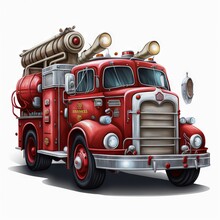  A Red Fire Truck With A Large Wooden Fire Hydrant On Top Of It's Flatbed And A Large Pipe On The Back Of The Truck's Side Of It's Cab.