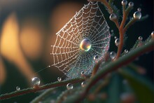 A Spider Web With Dew Drops On It And A Blurry Background Of A Tree Branch With Dew Drops On It And A Blurry Background Of A Blurry Background Of A Yellow Light.