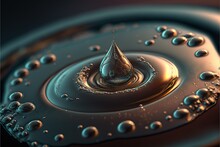  A Drop Of Water With A Drop Of Liquid On It's Surface, With Bubbles Around It, And A Black Background, With A Brown And Blue Hued Out Background, With A Drop Of Water.