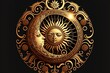  a golden sun and moon with ornate designs on a black background illustration of a sun and moon in a decorative circle with a sun and a flower pattern on the side of the moon,. Generative AI