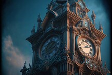  A Large Clock Tower With A Sky Background Behind It And A Dark Sky In The Background With Clouds In The Sky And A Few Clouds In The Sky Above It, And Below, A Dark,. Generative AI