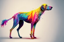  A Dog With A Lot Of Colors On It's Face And Body, Standing In Front Of A White Background, With A Gray Background That Has A Light Gray Backdrop And A White Wall. Generative AI