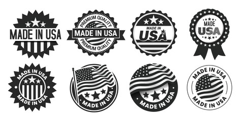 Black and white color of collection of Made in USA badge, emblem, sticker set with American flag isolated on white background.
