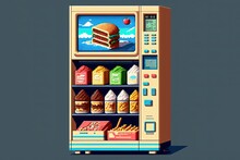 Pixel Art Snack Machine, Antique Food Machine, Background In Retro Style For 8 Bit Game, Generative AI