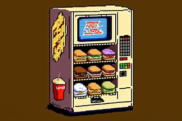 Pixel art snack machine, antique food machine, background in retro style for 8 bit game, Generative AI