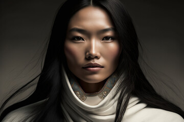 Poster - Close-up portrait of a young beautiful Tibetan / Asian woman with long black hair on a dark background, not based on a real person, Generative AI
