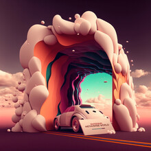 Vintage Car Near Abstract Portal To Other Dimension With Entering Metaverse Progress Bar Sign