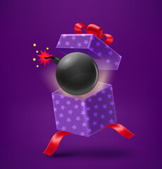 Aufkleber - Open gift box with flaming bomb. 3d vector illustration