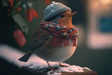 Poster -  a bird with a hat and scarf on a snowy surface with a tree in the background and a red and green scarf around its neck and a blue hat on top of it's. Generative AI