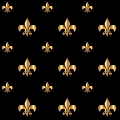 Mardi Gras Carnival seamless pattern with gold fleur-de-lis. Mardi Gras endless on black background, texture, wrapper.	