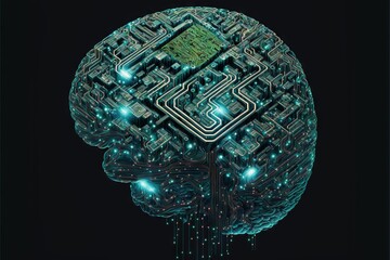 Poster -  a computer brain with a circuit board in the middle of it and a circuit board in the middle of it, with a green light shining on the side of the brain and a black background. generative ai