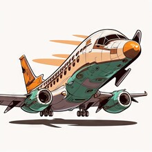  A Cartoon Of A Plane With A Sky Background And A Shadow On The Ground Below It, With A White Background And A Brown And Orange Stripe On The Bottom Part Of The Plane,. Generative Ai