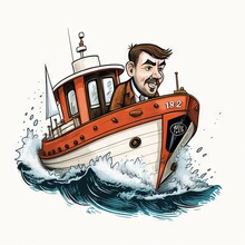  A Cartoon Of A Man Driving A Boat In The Water With A Mustache On His Face And A Beard On His Head, With A Mustache On His Face, And A Mustache, And A. Generative Ai