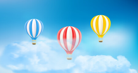 Wall Mural - Flying air balloons in cloudy sky. Air travel concept. 3d vector illustration