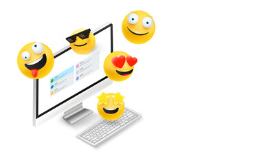 Aufkleber - Poster template with computer, emojis and copy space. Isometric vector illustration with pc