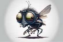  A Cartoon Fly With A Big Eyes And A Tiny Nose, Standing On One Leg And Looking At The Camera With A Sad Look On Its Face, On Its Body, With A White Background.