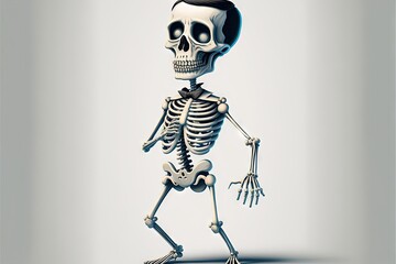  a skeleton with a crown on its head and arms is walking away from the camera, with a shadow on the ground behind it, and a gray background with a white background, a. Generative AI