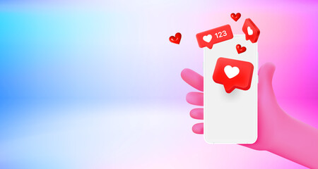 Aufkleber - Receiving reactions via social media on smartphone. 3d vector banner with copy space