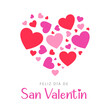 Happy Valentine's Day lettering in Spanish with colorful hearts. Modern card design. Vector illustration	