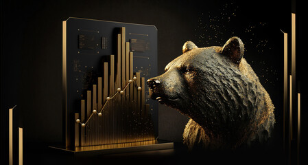 Wall Mural - bull and bear financial infograhic stock market chart award in gold and black color with copyspace area