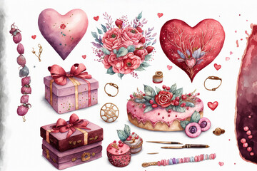 Wall Mural - Hearts and flowers presents cupcakes valentines day clipart watercolor, Generative AI