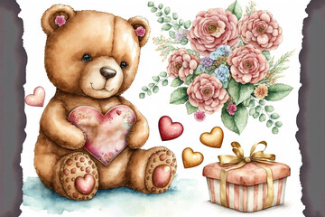 Wall Mural - Teddy bear sitting holding a heart, flowers, presents Valentines day  watercolor, Generative AI