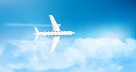 Poster - Flying modern airplane top view flying in cloudy sky. Air travel concept. 3d vector illustration