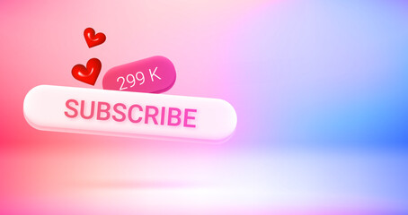 Poster - Social media subscribe button with counter. Vector 3d banner with copy space