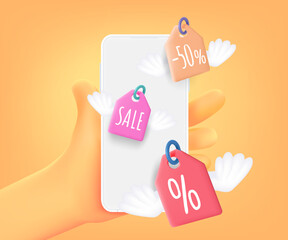 Aufkleber - Get discounts in internet shop via mobile app. 3d vector concept
