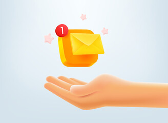 Fototapete - New email letter concept. Hand with envelope button. 3d vector mobile application icon with notification