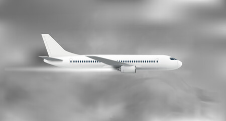Poster - Flying modern airplane flying in dark sky with clouds. Air travel concept. 3d vector illustration