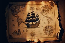 Pirate Treasure Map, With Drawn Pirate Ship And Sea. Generative AI