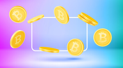 Aufkleber - Poster template with bitcoins and empty frame. New post concept. Vector 3d banner 