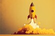 Digital illustration of yellow rocket taking off releasing smoke on yellow background. Generative AI