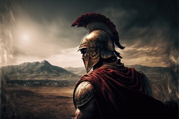 Poster - Spartan soldier illustration with helmet and battlefield in background. Generative AI