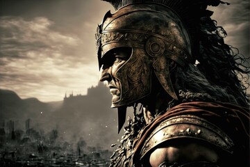 Wall Mural - Spartan soldier illustration with helmet and battlefield in background. Generative AI