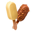 PNG. Ice cream in a glaze of white chocolate and in a glaze of milk chocolate and nuts on wooden sticks. Isolate on a white background