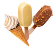 PNG. Ice cream in glaze on wooden sticks and ice cream in a waffle cup. Isolate on a white background
