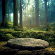 Flat stone podium in the magical forest illustration, empty round stand background, natural stage for cosmetic product display minimal design, Generative AI