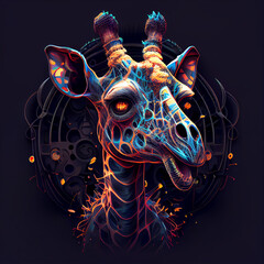 Wall Mural - Psychedelic giraffe on black background. AI generative.