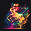 © MonaMood - Dancer, neon-lit line art with bright colours. Generative-AI-assisted digital painting.